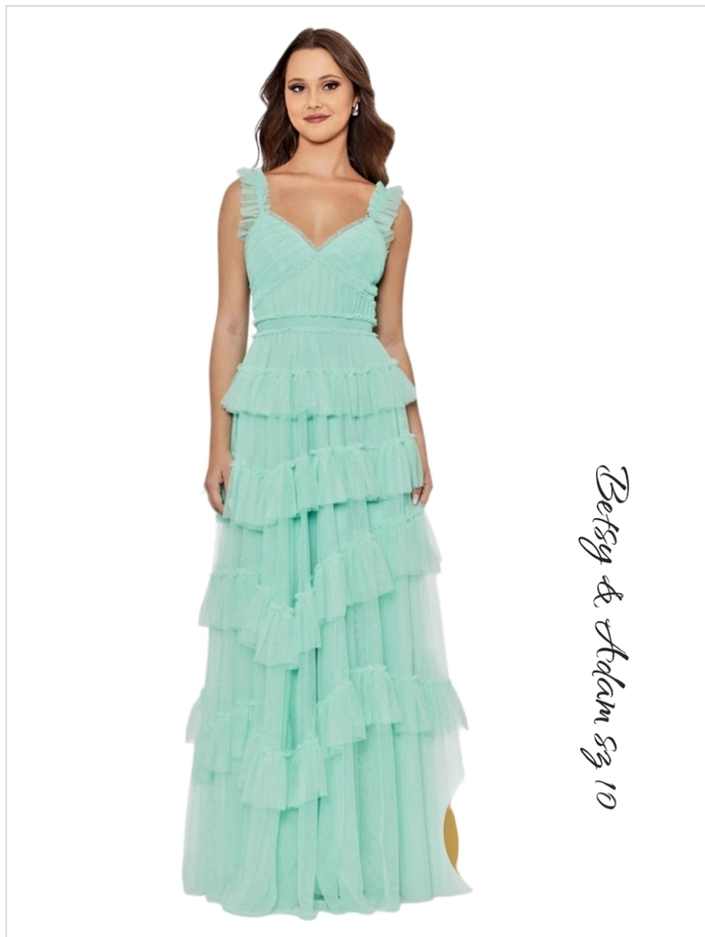 Betsy & Adam Green Mesh Tiered Ruffle Maxi Dress Sz 10 Nwt